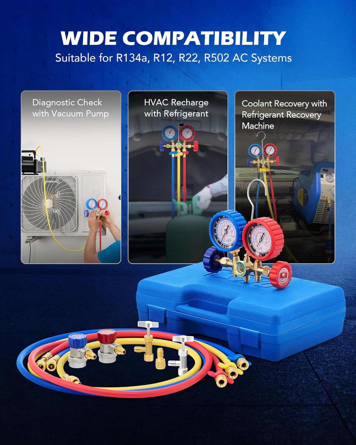 Professional AC Manifold Gauge Set for R134a R12 Refrigerant HVAC Charging Kit 4 Professional AC Manifold Gauge Set for R134a R12 Refrigerant HVAC Charging Kit - Image 4