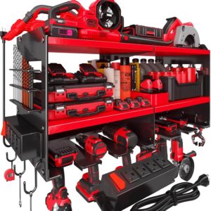 Power Tool Organizer Wall Mount with 4-Outlet Power Strip & Shelf - Heavy Duty Metal Storage Rack for Garage, Yard Maintenance, Holds 6 Drills, Batteries, Magnetic Hooks - Ideal Gift for Men