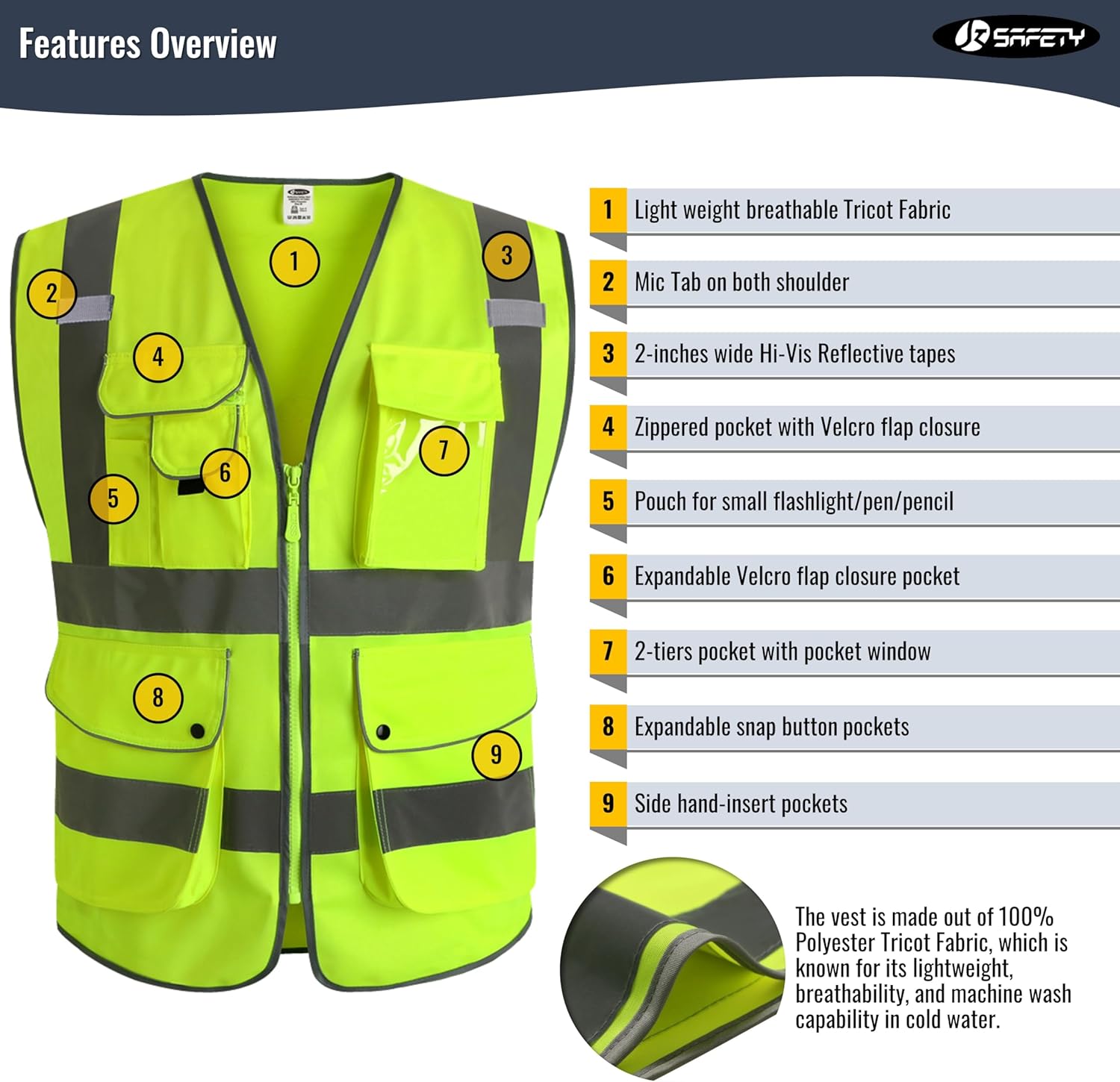 High Visibility Safety Vest: 9 Pockets ANSI Class 2 Reflective Workwear Yellow Large 3 High Visibility Safety Vest: 9 Pockets ANSI Class 2 Reflective Workwear Yellow Large - Image 3