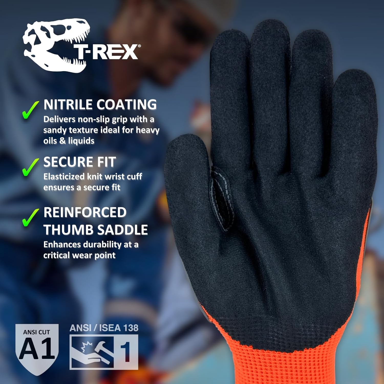 Protective T-REX Sandy Nitrile Impact Work Gloves - Small Grip Safety Hands 3 Protective T-REX Sandy Nitrile Impact Work Gloves - Small Grip Safety Hands - Image 3