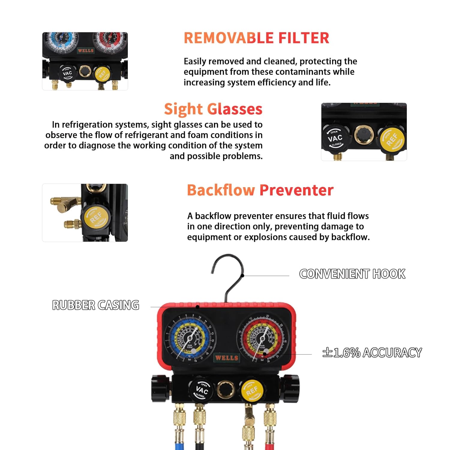 Premium 4-Way R1234YF AC Manifold Gauge Set with 5ft HVAC Hoses 6 Premium 4-Way R1234YF AC Manifold Gauge Set with 5ft HVAC Hoses - Image 6