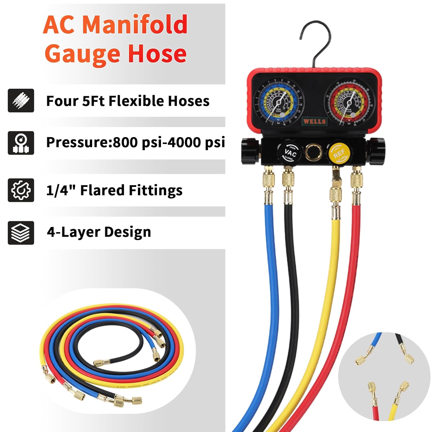 Premium 4-Way R1234YF AC Manifold Gauge Set with 5ft HVAC Hoses 5 Premium 4-Way R1234YF AC Manifold Gauge Set with 5ft HVAC Hoses - Image 5