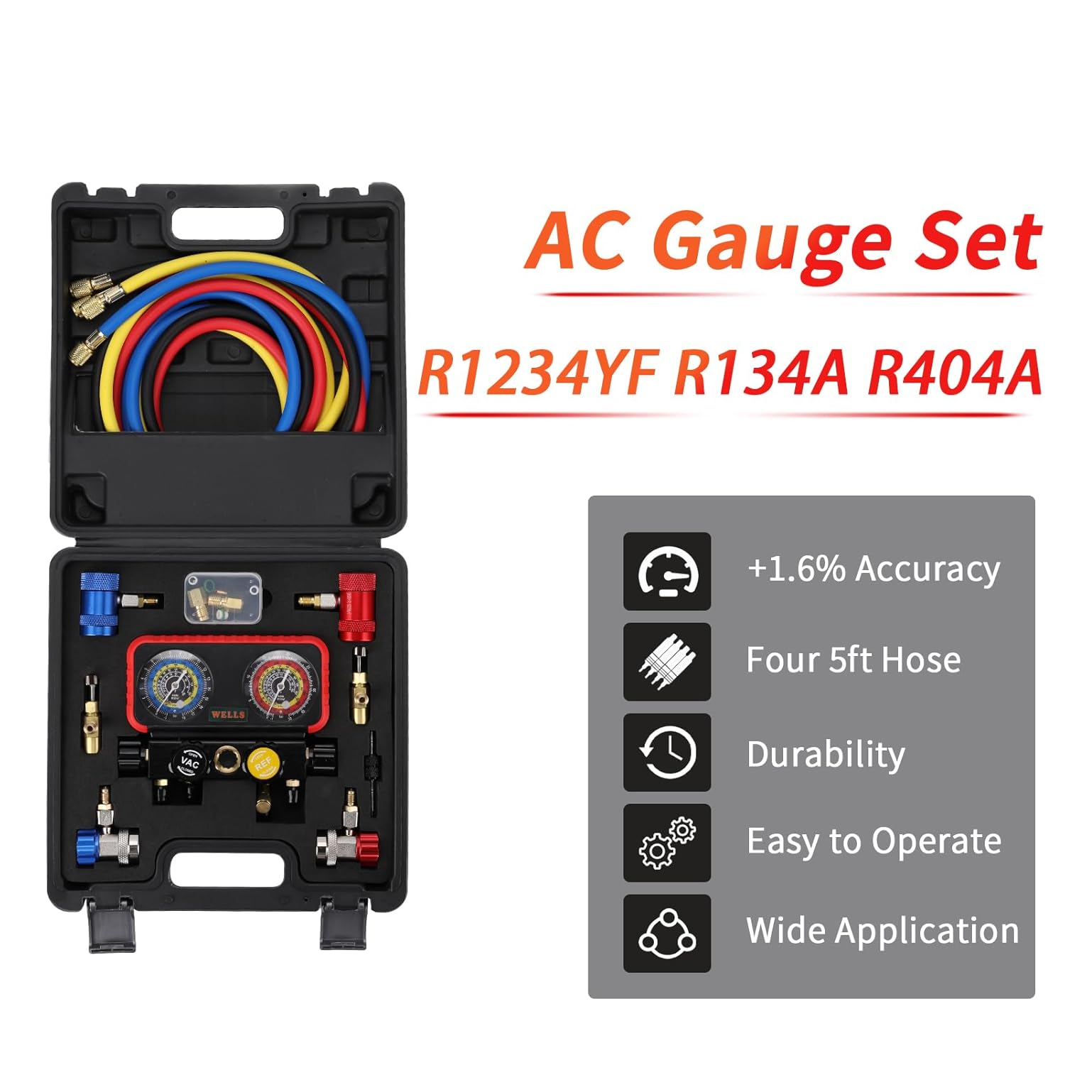 Premium 4-Way R1234YF AC Manifold Gauge Set with 5ft HVAC Hoses 2 Premium 4-Way R1234YF AC Manifold Gauge Set with 5ft HVAC Hoses - Image 2