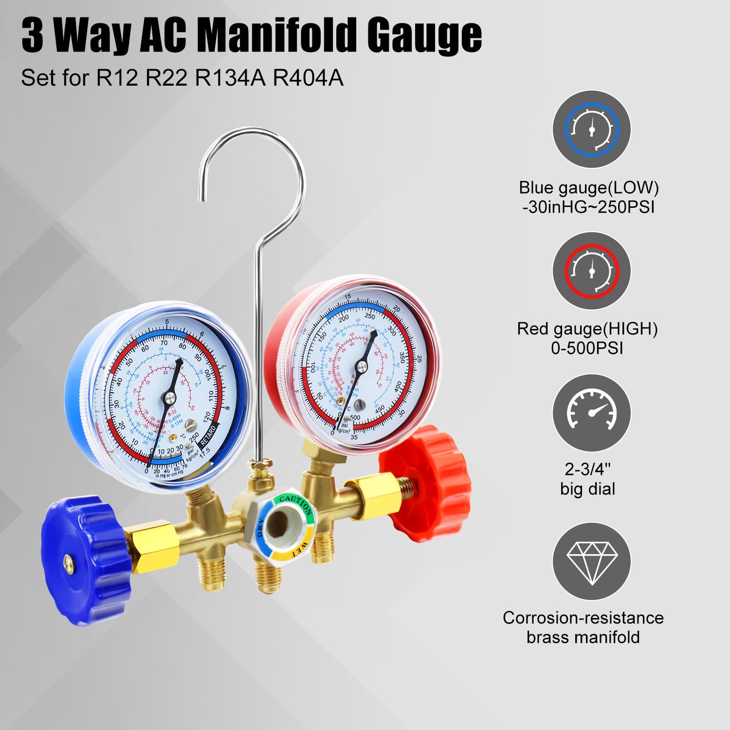 3-Way R134a/R404a AC Manifold Gauge Set HVAC Charging Kit w/ Hoses 2 3-Way R134a/R404a AC Manifold Gauge Set HVAC Charging Kit w/ Hoses - Image 2