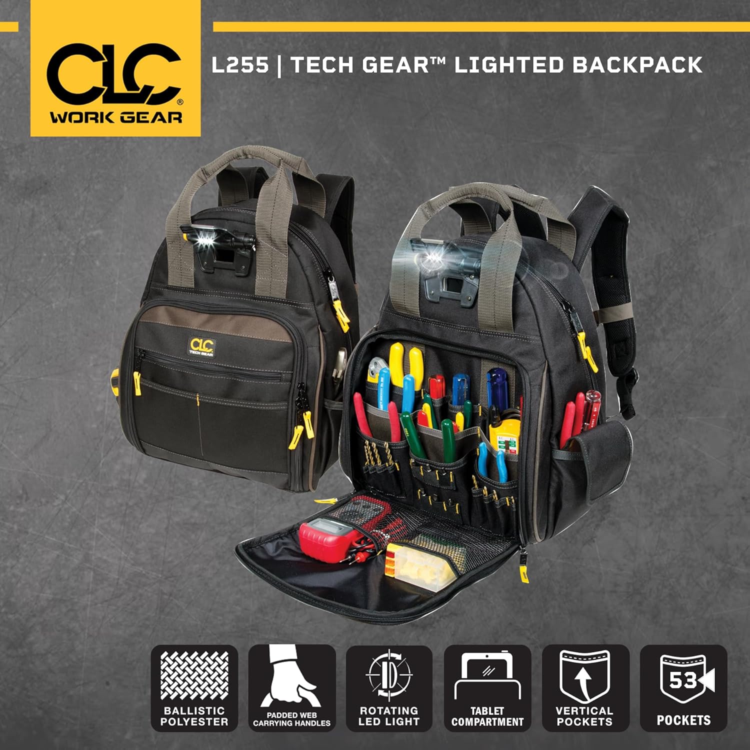 CLC Tech Gear 53-Pocket LED Tool Backpack - Ultimate Organizer L255 2 CLC Tech Gear 53-Pocket LED Tool Backpack - Ultimate Organizer L255 - Image 2