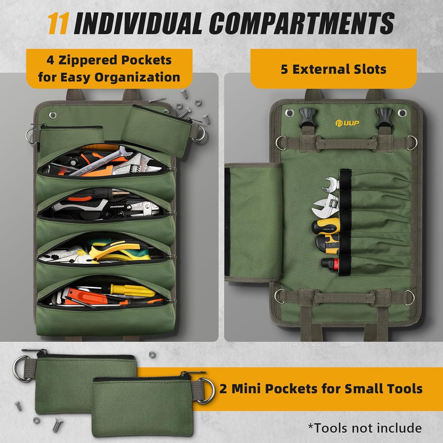 Heavy Duty Tool Roll Bag: Portable Organizer w/ Pouches for Mechanics, Green 2 Heavy Duty Tool Roll Bag: Portable Organizer w/ Pouches for Mechanics, Green - Image 2