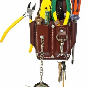 Ap-Leather Pro-5 Electrician Pouch, Leather Tool Pouch, 5 Pocket Pouch with Electrical Tape Holder, Durable Compartments, Tool Pouch with Belt Clip, Dark Brown