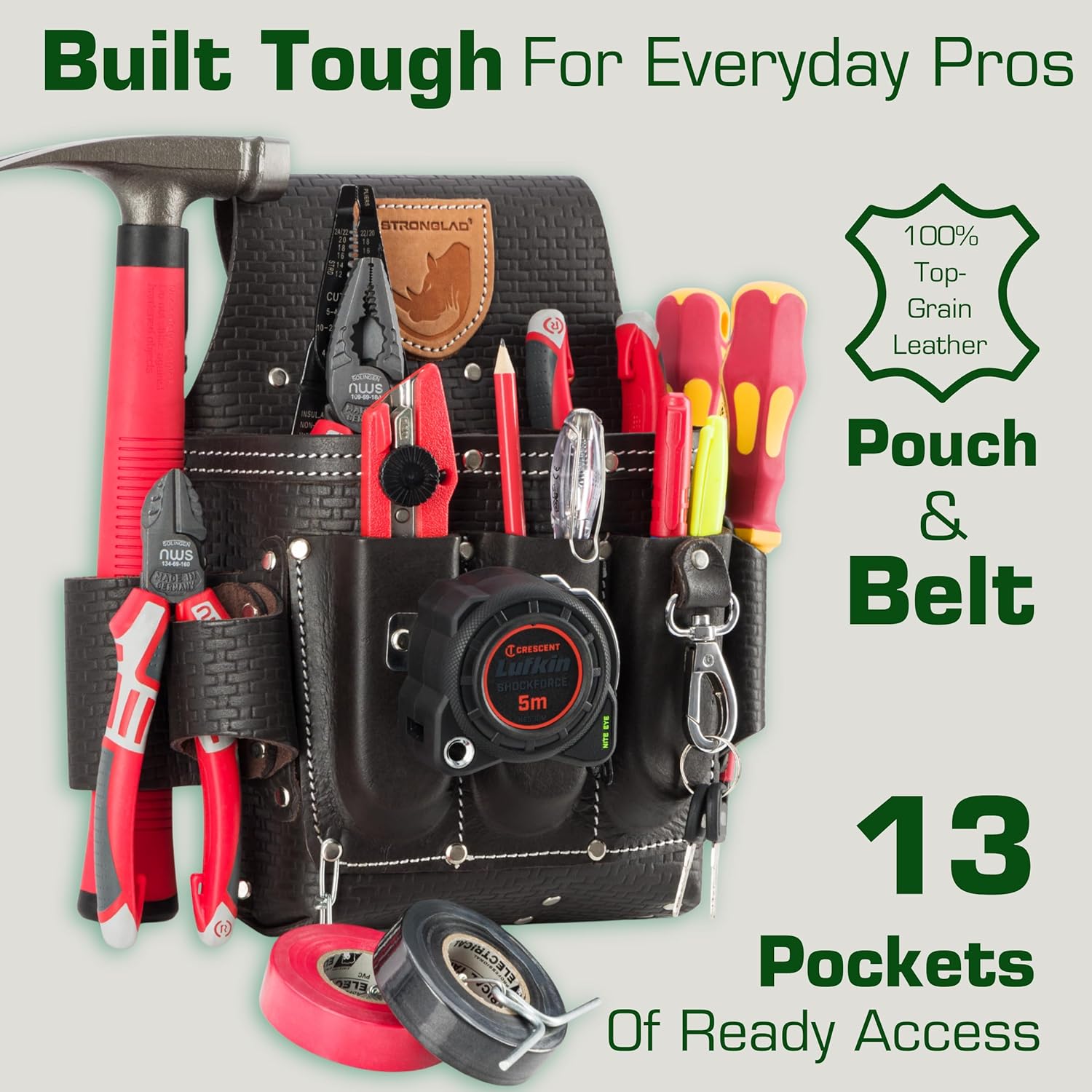STRONGLAD Pro Electrician Leather Tool Belt - Heavy Duty 13-Pocket Pouch 3 STRONGLAD Pro Electrician Leather Tool Belt - Heavy Duty 13-Pocket Pouch - Image 3