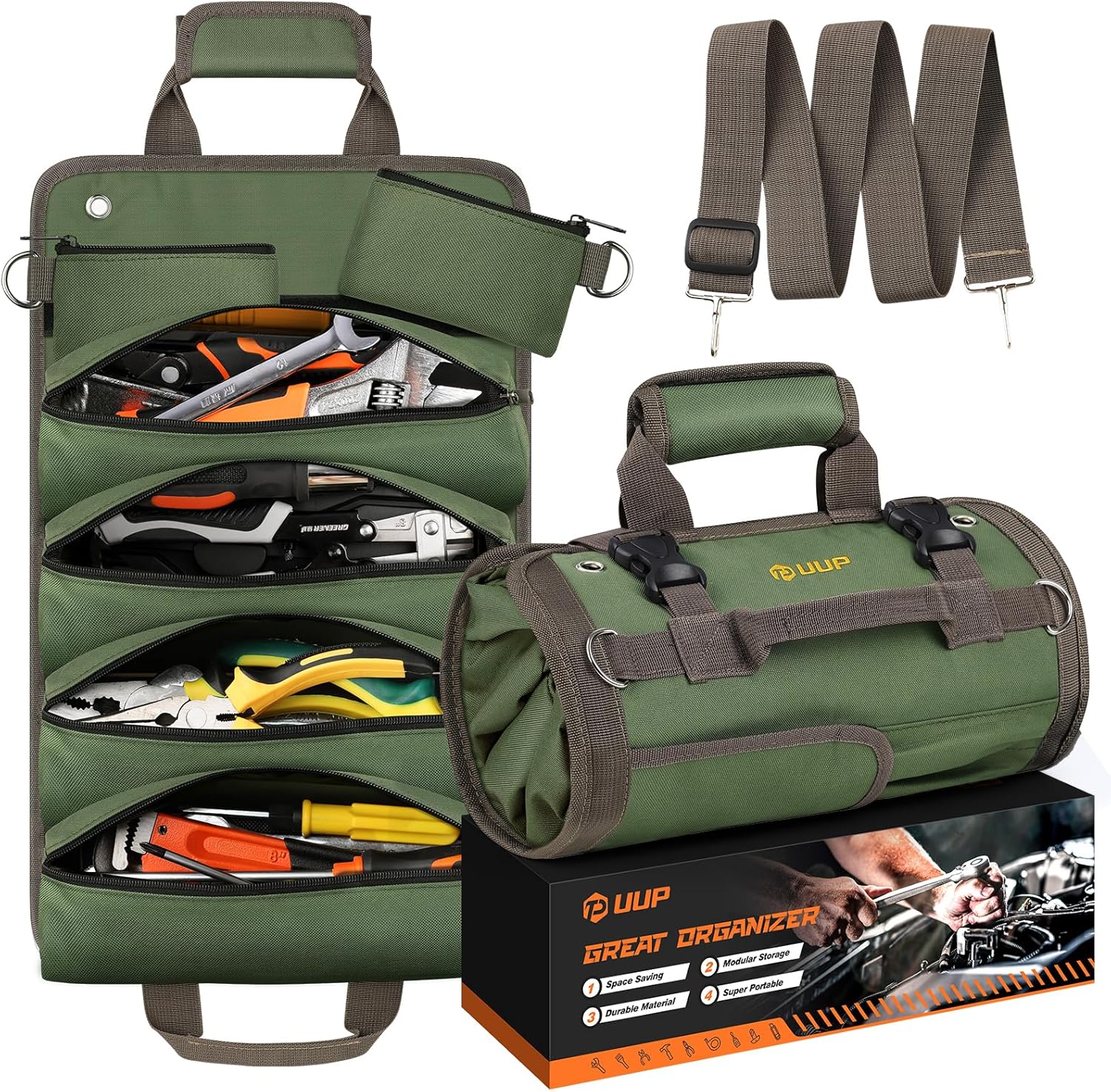 Heavy Duty Tool Roll Bag: Portable Organizer w/ Pouches for Mechanics, Green 1 hvac tools wrench blue
