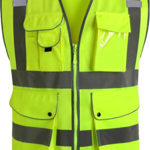JKSafety 9 Pockets Class 2 High Visibility Zipper Front Safety Vest With Reflective Strips,Meets ANSI/ISEA Standard (Large, 150-Yellow)