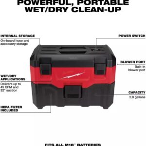 Milwaukee M18 18V Cordless Wet/Dry Vacuum – Powerful Jobsite Cleaner, Lightweight 10.1 lbs