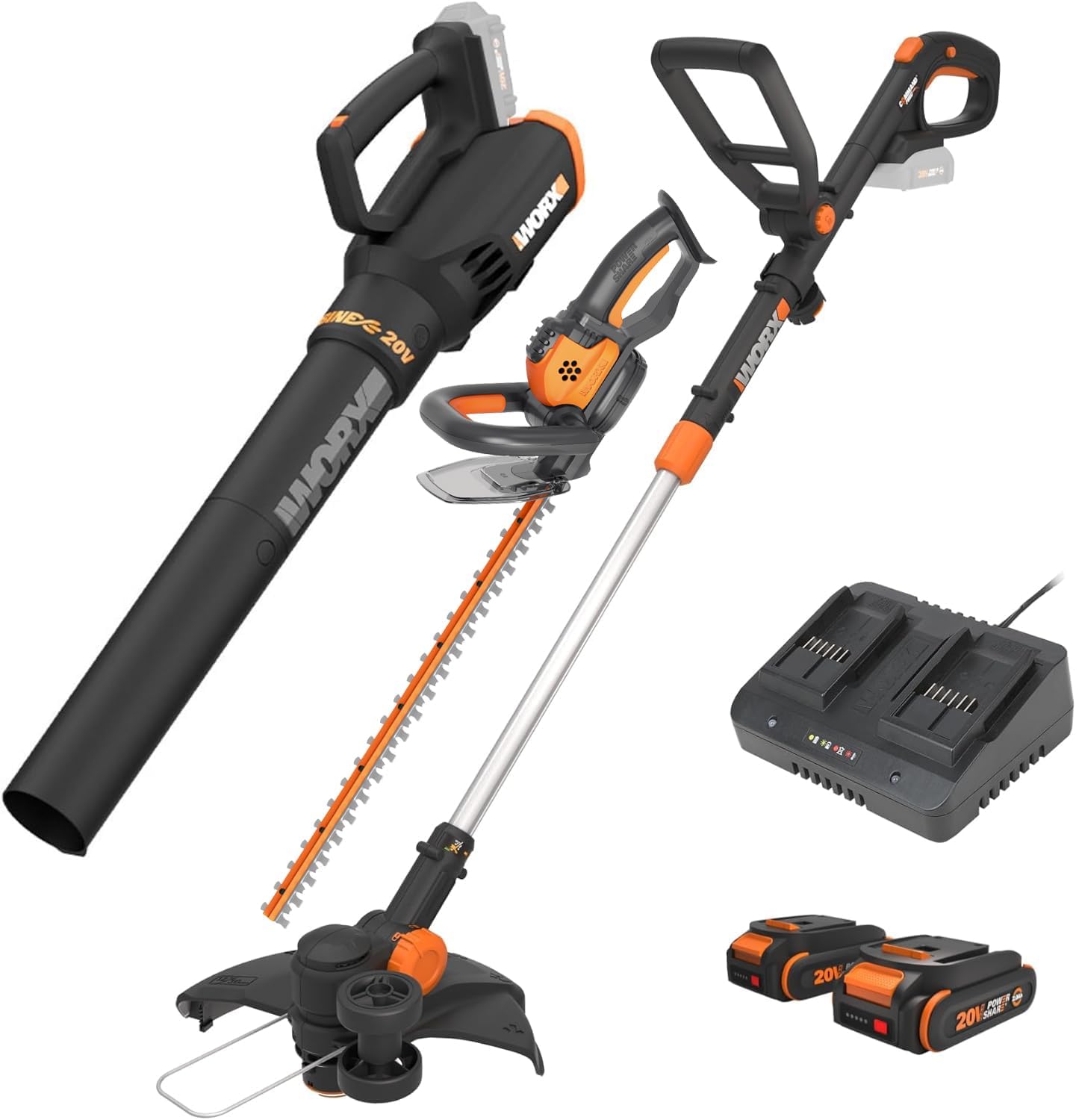 3-in-1 Cordless Yard Tool Set: 20V Trimmer, Blower & Hedge Trimmer Combo 1 Worx 20V String Trimmer + Turbine Blower + Hedge Trimmer (Batteries & Charger Included)