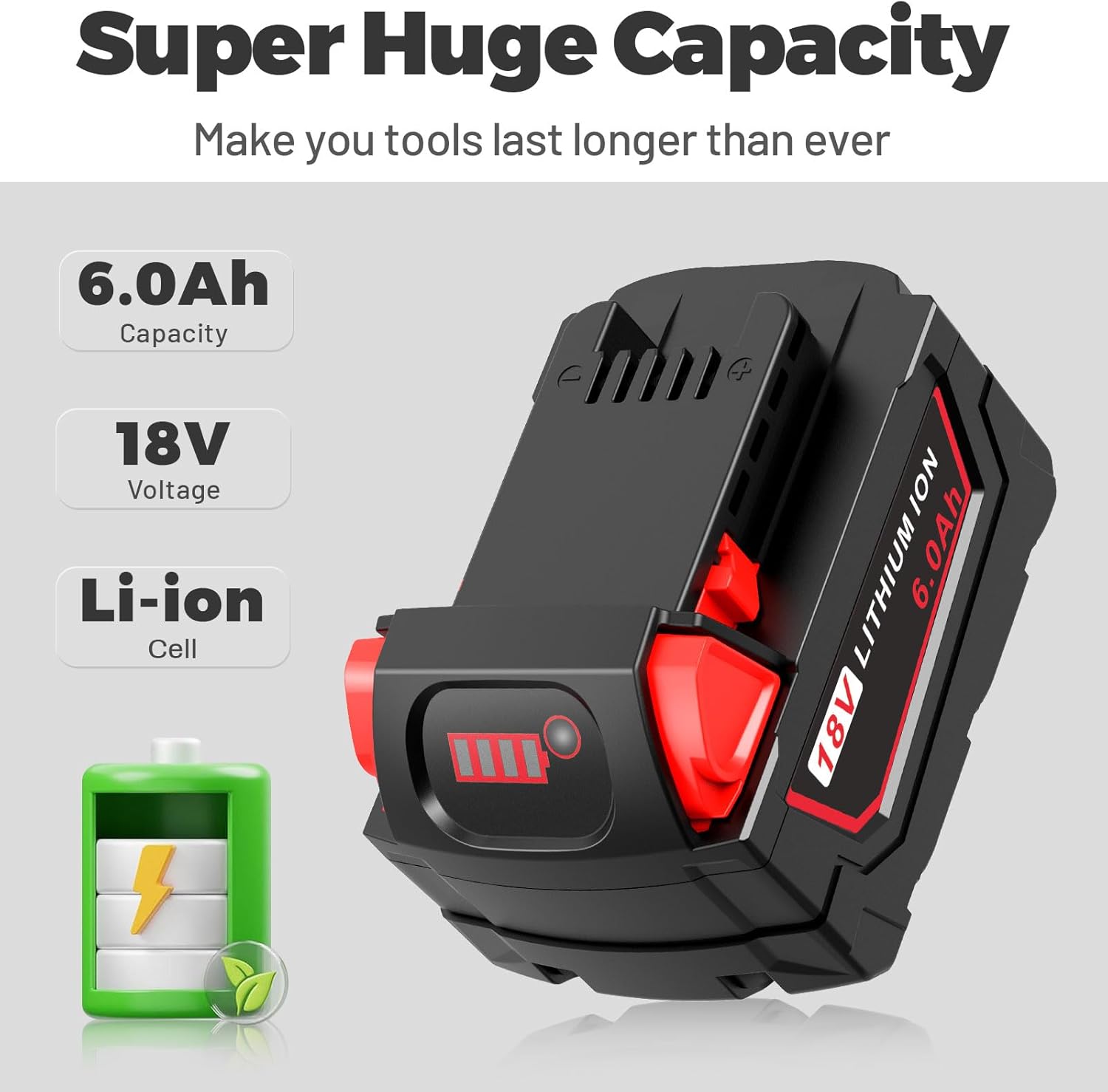 Milwaukee M18 6.0Ah Battery Replacement 2-Pack | High Capacity Long-Lasting Li-Ion Power Tool Battery 3 Milwaukee M18 6.0Ah Battery Replacement 2-Pack | High Capacity Long-Lasting Li-Ion Power Tool Battery - Image 3