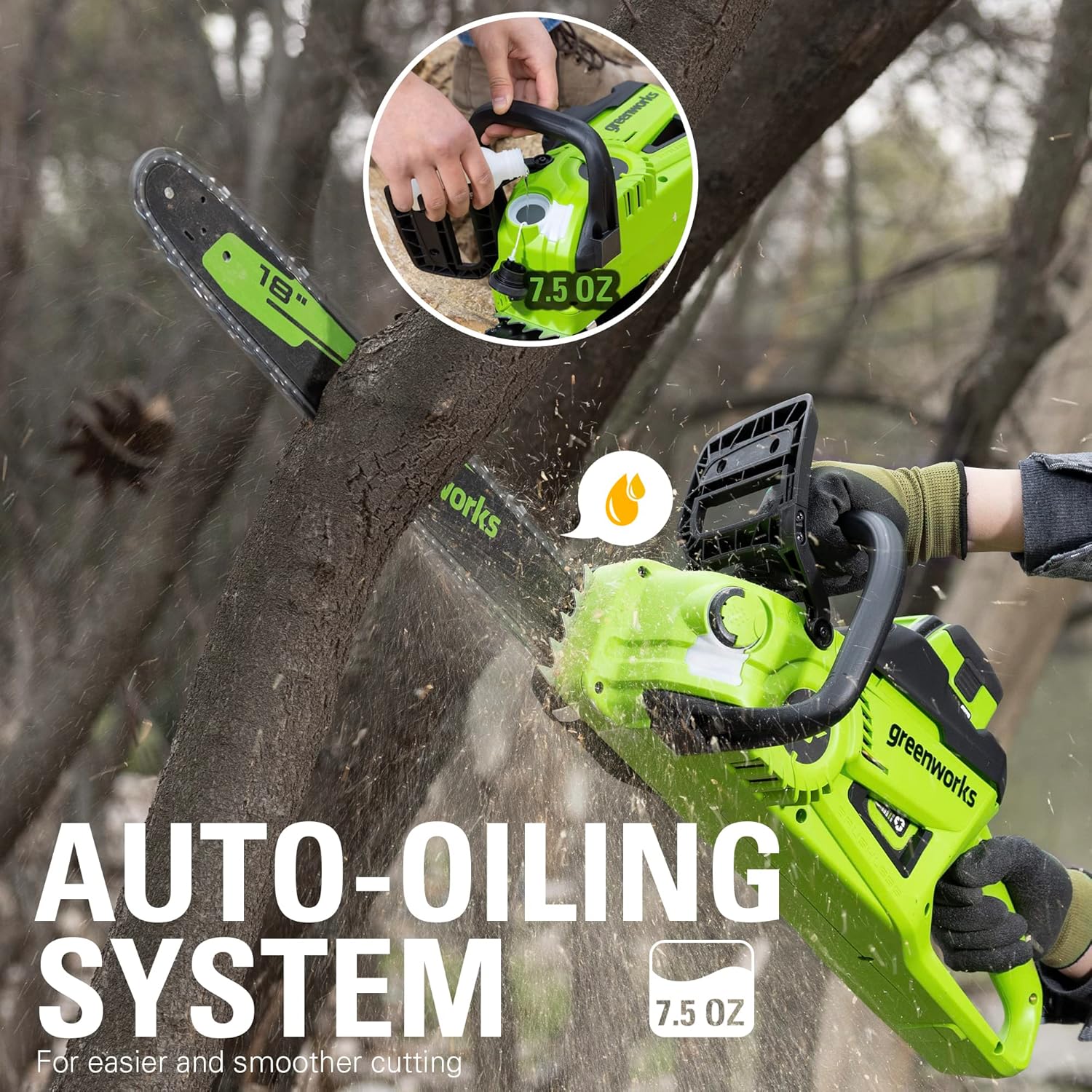 Powerful Greenworks 40V Brushless 18" Cordless Chainsaw + Battery & Charger 5 Powerful Greenworks 40V Brushless 18" Cordless Chainsaw + Battery & Charger - Image 5