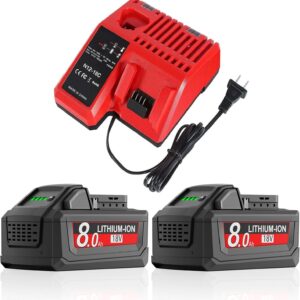 2Pack 8000mAh 18 Volt Battery with Charger Replacement for Milwaukee M18 Battery and Charger Compatible with 18V 48-11-1810 48-11-1815 48-11-1820 48-11-1850 48-11-1828 48-11-1860 Cordless Power Tools