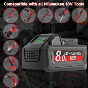 Milwaukee M18 18V High Capacity Battery 2-Pack 8Ah w/ Charger, Long-Lasting Power Tool Battery