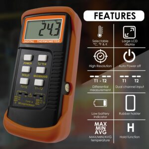 Professional Dual Channel K-Type Thermocouple Thermometer HVAC Temperature Meter