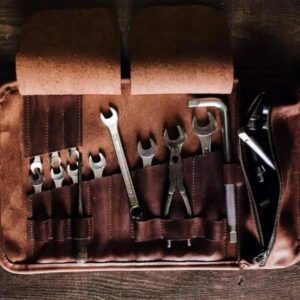 Premium Leather Motorcycle Tool Roll Bag | 17 Pockets | Biker Essentials Organizer (Brown)