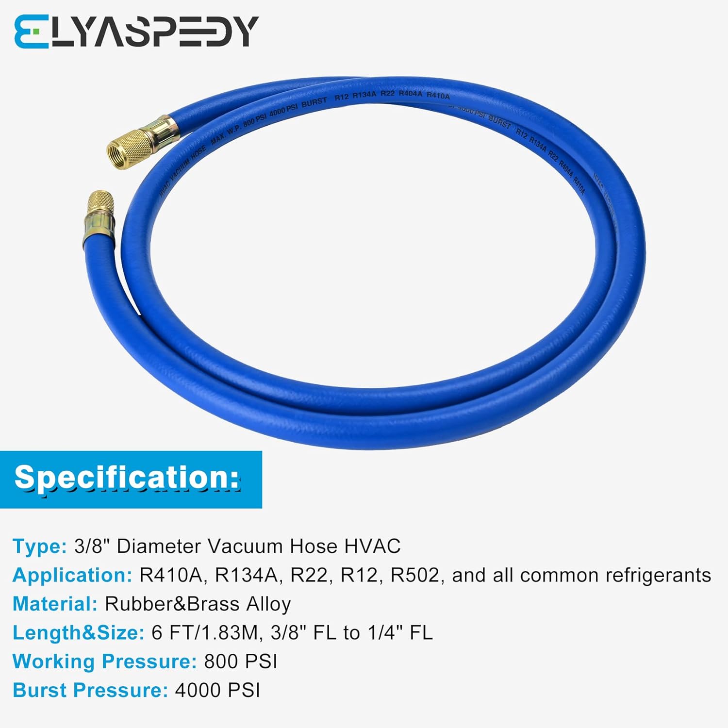 Premium 3/8" Refrigerant Charging Hose | R410A Compatible | 800 PSI | 6 FT Blue Hose 6 Premium 3/8" Refrigerant Charging Hose | R410A Compatible | 800 PSI | 6 FT Blue Hose - Image 6