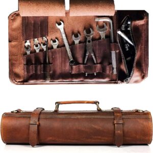 DarkRabbit Leather Roll up Tool Bag, 17 Pcs Tool Organizer, Motorcycle Tool Roll Bag, Motorbike Saddlebag, Wrench Organizer, Storage Accessory Pouch, Biker Essentials (Brown)