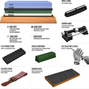 Professional Knife Sharpening Stone Set 4-Sided Whetstone Grit 400-8000 with Accessories