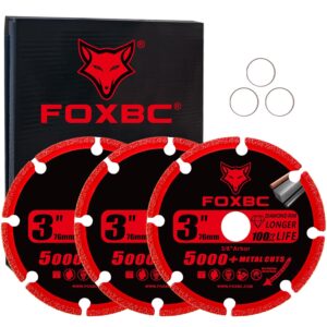 FOXBC 3 Inch Diamond Cut Off Wheel with 5000+ Metal Cutting on Rebar, Stainless Steel, Angle Iron, 3/8" Arbor - 3 Pack