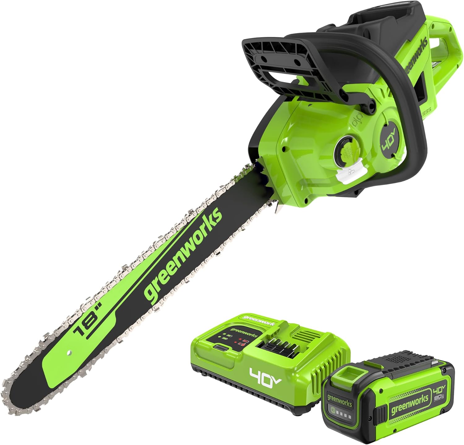 Powerful Greenworks 40V Brushless 18" Cordless Chainsaw + Battery & Charger 1 Greenworks 40V 18" Brushless Cordless Chainsaw (Great For Tree Felling, Limbing, Pruning, and Firewood), 8.0Ah Battery and Rapid Charger Included
