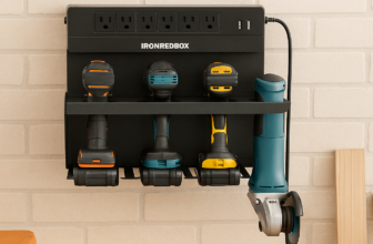 Wall-Mounted Power Tool Organizer B0F21WK7F4: Charging Station with 6 Outlets and Angle Grinder Holder
