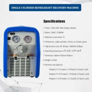 3/4 HP Refrigerant Recovery Machine 110V HVAC AC Freon Recycling