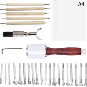 31 PCS Leather Craft Set, Include 20 Leather Stamping Tools, 1 Leather Hammer, 1 Swivel Knife, 5 Tracing Pen and 4 Tracing Paper, Leather Carving Tools Kit for Leather Crafting