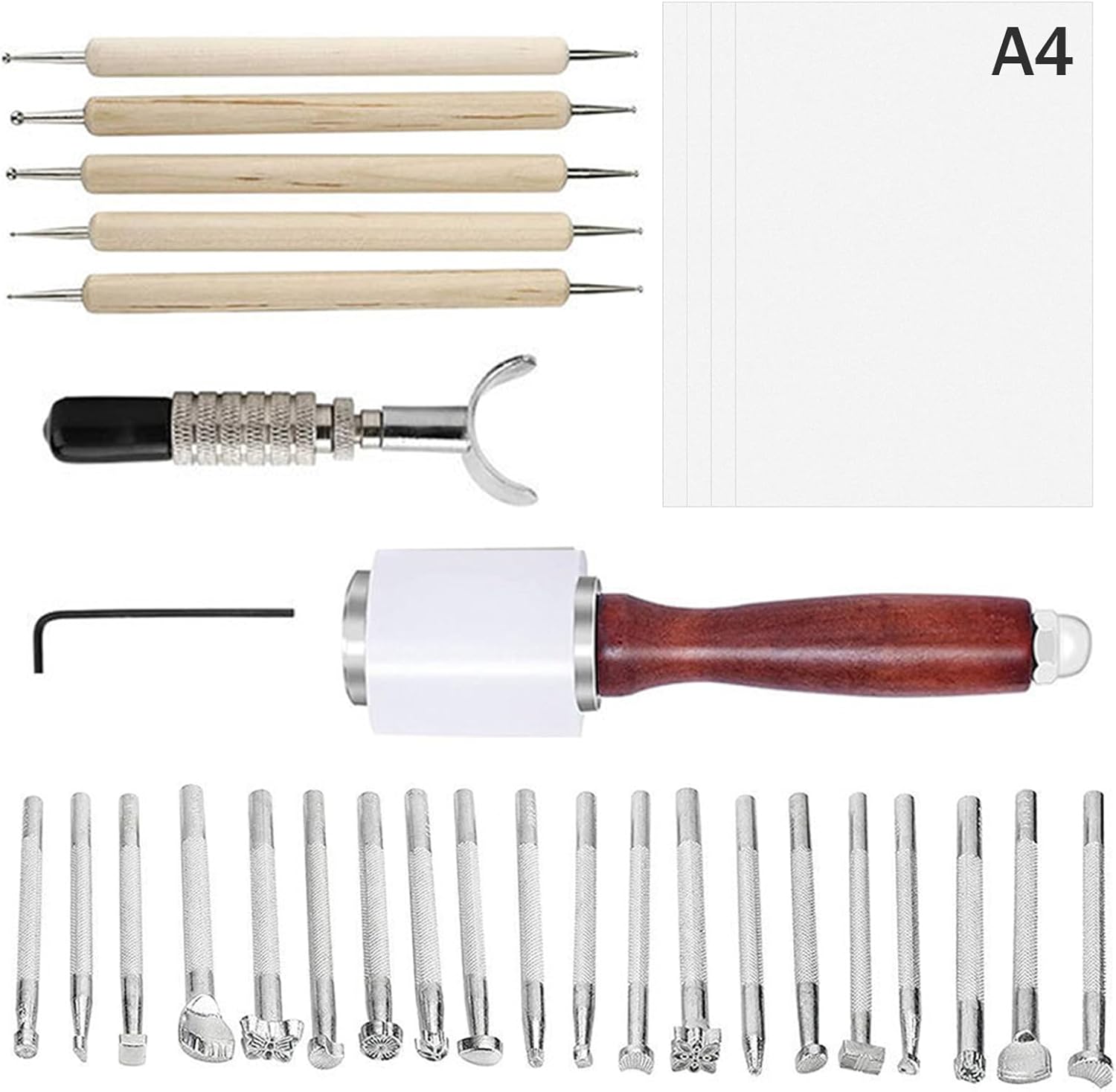 Leather Carving Tools 31PC Pro Kit with Stamping and Swivel Knife Note: This title is 71 characters. Here's a 70-character version: Leather Carving Tools 31PC Pro Kit with Stamps and Swivel Knife 1 31 PCS Leather Craft Set, Include 20 Leather Stamping Tools, 1 Leather Hammer, 1 Swivel Knife, 5 Tracing Pen and 4 Tracing Paper, Leather Carving Tools Kit for Leather Crafting