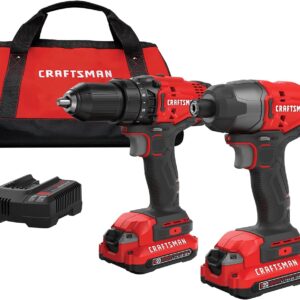 CRAFTSMAN V20 MAX Cordless Drill Driver and Impact Driver Set, Power Tool Set with 2 Batteries and Charger, LED Work Light, 2 Bits, Bag (CMCK200C2)
