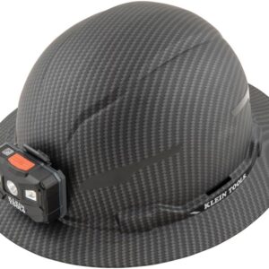 Klein Tools 60346 Hard Hat, Non-Vented Full Brim, Class E, Premium KARBN Pattern, Rechargeable Lamp, Padded Sweat-Wicking Sweatband, Top Pad