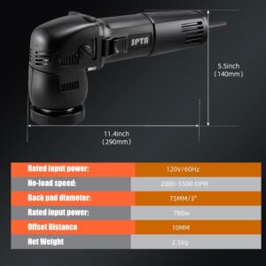 SPTA 3″ Mini Orbital Polisher 780W Variable Speed Kit with Pads