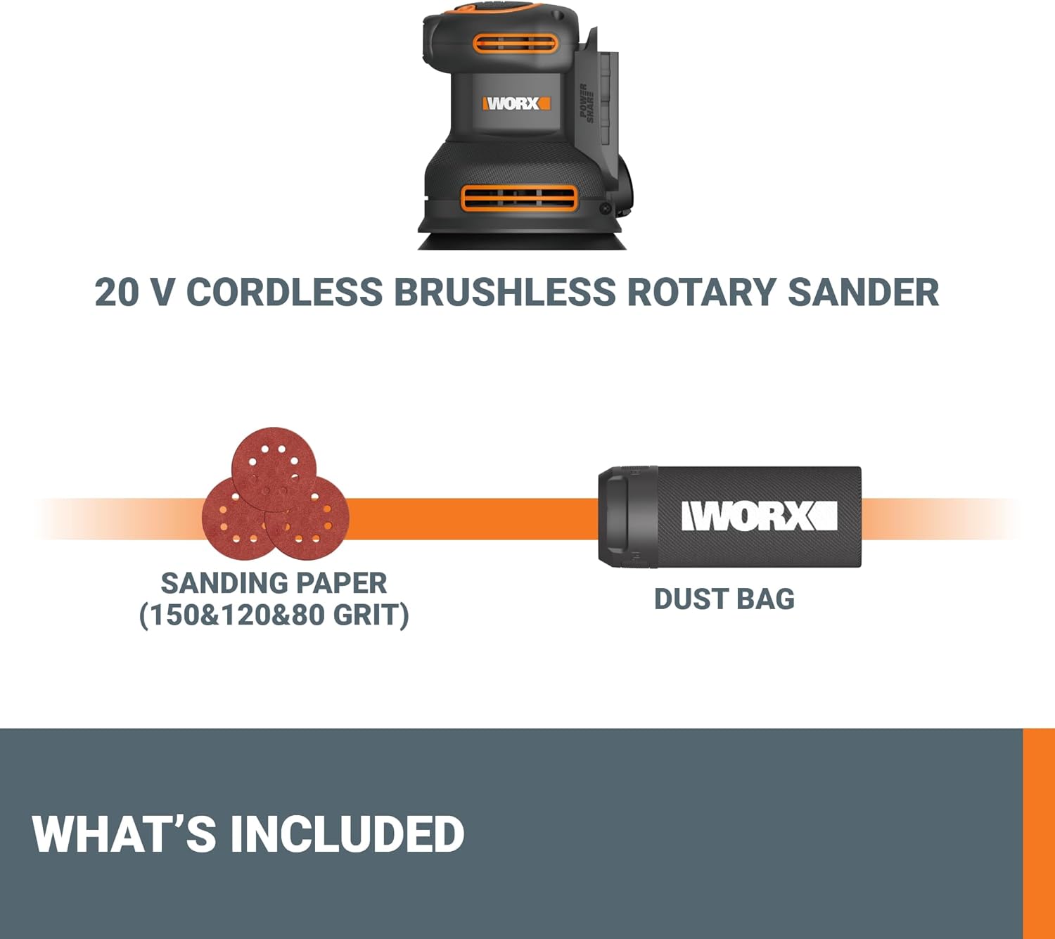 WORX 20V Brushless Cordless Random Orbital Sander Tool Only WX823L.9 7 WORX 20V Brushless Cordless Random Orbital Sander Tool Only WX823L.9 - Image 7