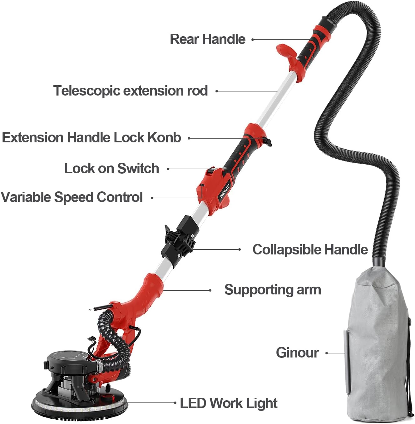 POPULO 810W Electric Drywall Sander 6 Speed LED Vacuum Wall Tool 7 POPULO 810W Electric Drywall Sander 6 Speed LED Vacuum Wall Tool - Image 7