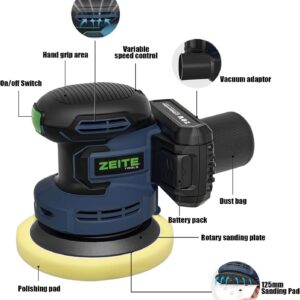 ZEITE 20V Cordless Orbital Sander 5″ Variable Speed Wood Polish Kit