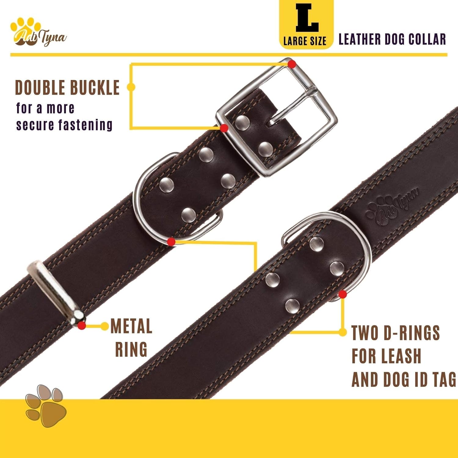 ADITYNA Heavy Duty Leather Dog Collar Large Dogs 17-23" Brown 5 ADITYNA Heavy Duty Leather Dog Collar Large Dogs 17-23" Brown - Image 5