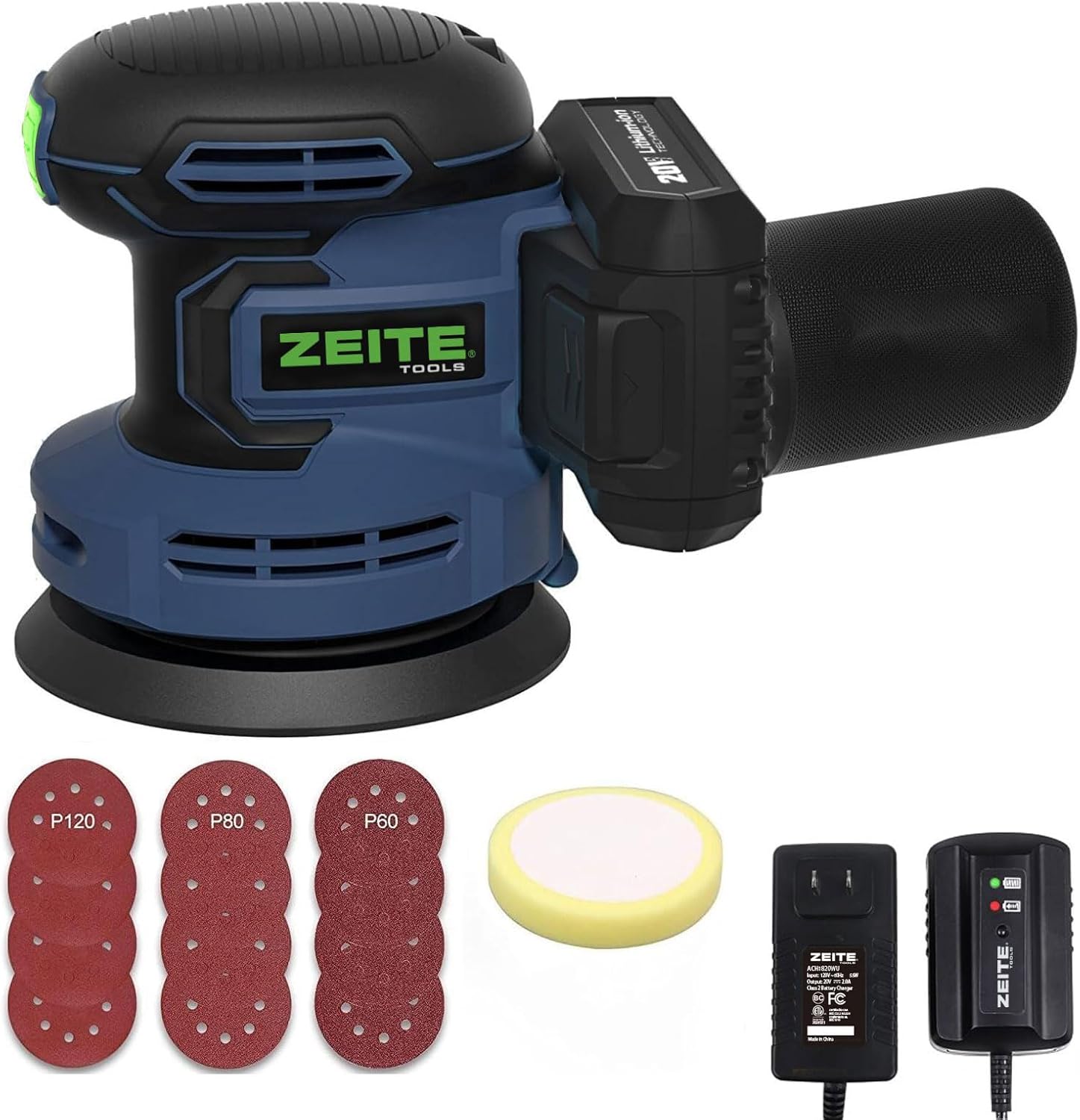 ZEITE 20V Cordless Orbital Sander 5" Variable Speed Wood Polish Kit 1 sander tool wireless