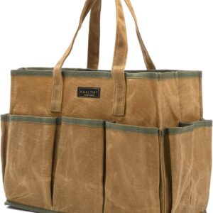 16OZ Waxed Canvas Tool Tote Bag | Large-Capacity Tool Storage Tote with 10 External Pockets | Multi-Purpose Garden Tool Carrier for Gardening, Wrench, and Carpentry Tools – Khaki