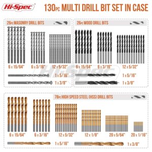 Hi-Spec 130pc Drill Bit Set HSS Titanium Metal Wood Masonry 1/16-3/8in