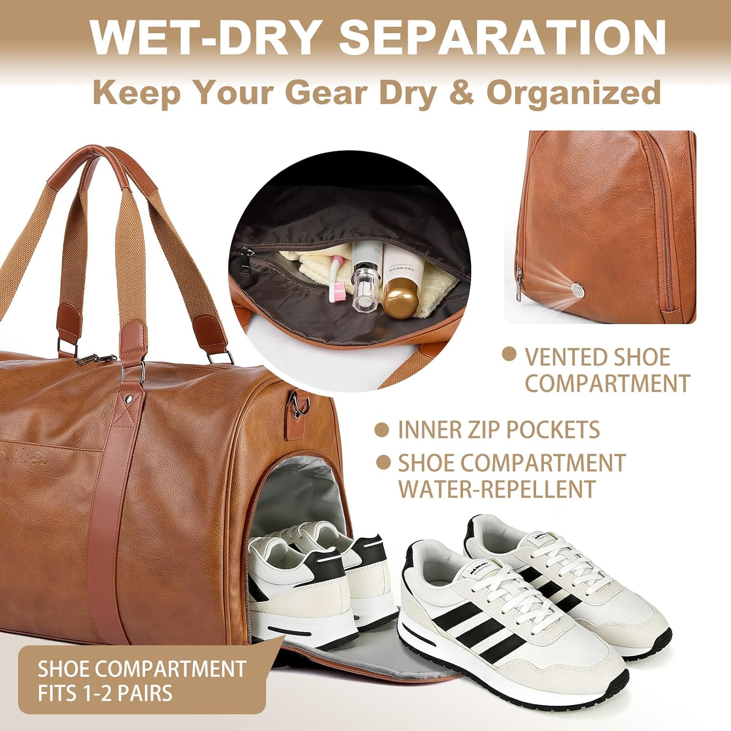 Large Leather Duffle Bag with Shoe Compartment Carry On Travel 4 Large Leather Duffle Bag with Shoe Compartment Carry On Travel - Image 4