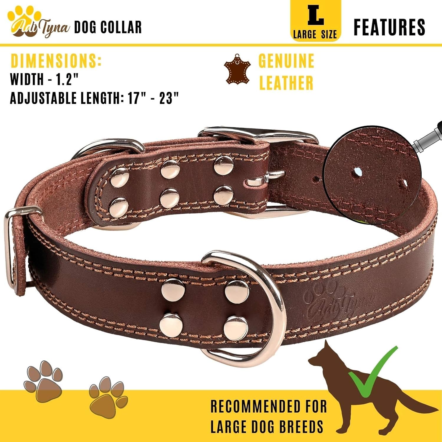 ADITYNA Heavy Duty Leather Dog Collar Large Dogs 17-23" Brown 4 ADITYNA Heavy Duty Leather Dog Collar Large Dogs 17-23" Brown - Image 4