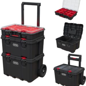 Keter Stack-n-Roll Modular Tools Organizer for Garage Storage and DIY, 3 Piece Resin Rolling Tool Box System for Small Parts, Black