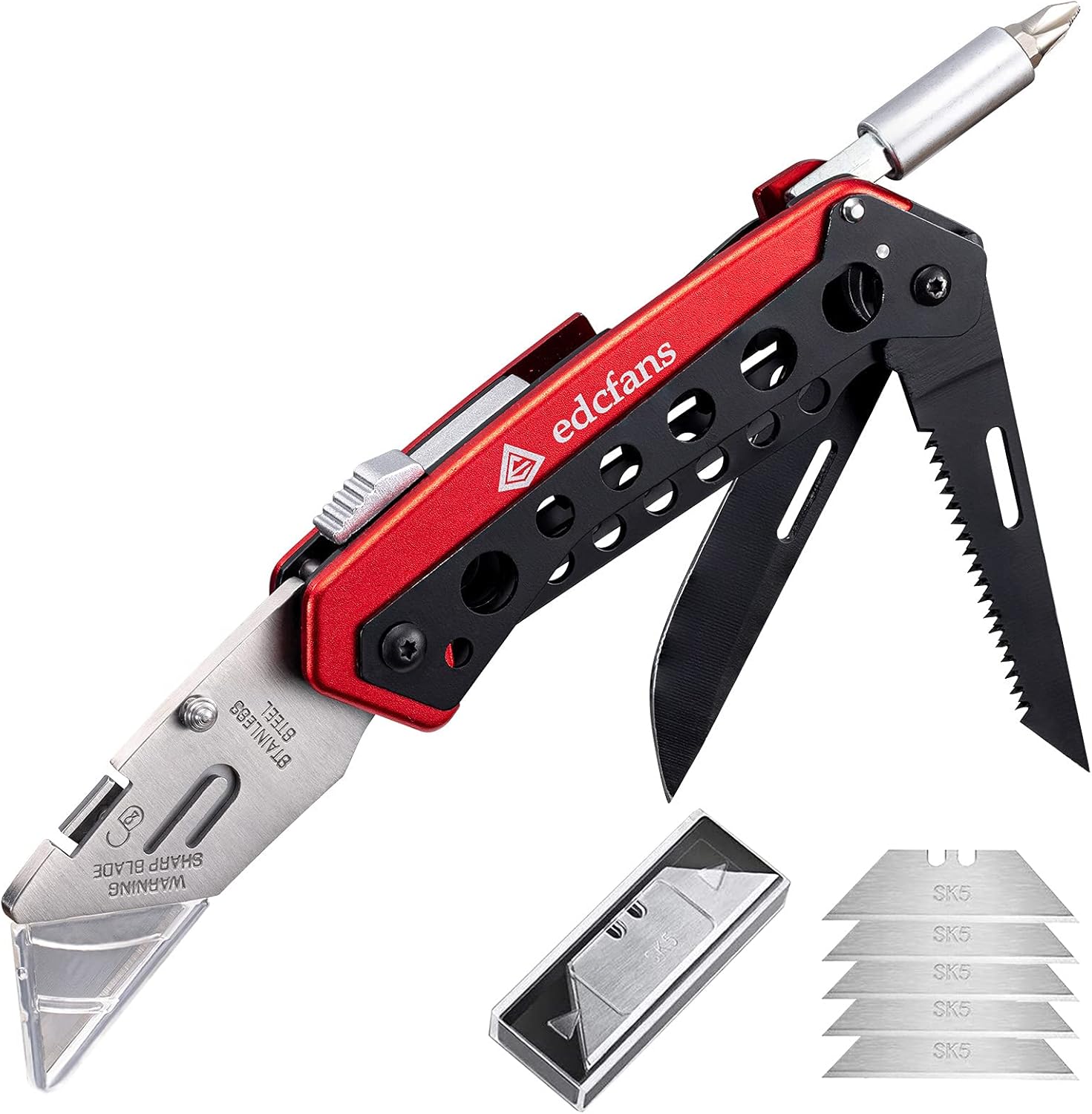 EDC Folding Utility Knife 5-in-1 Multi-Tool Box Cutter with Blades 1 edcfans Folding Utility Knife Box Cutter with 5 Razor Blades, Pocket Utility Knives, Screwdriver, Saw, Lock Design, Clip and Holder for Belt, EDC Heavy Duty Work Knifes, Fathers Day Dad Gifts for Papa