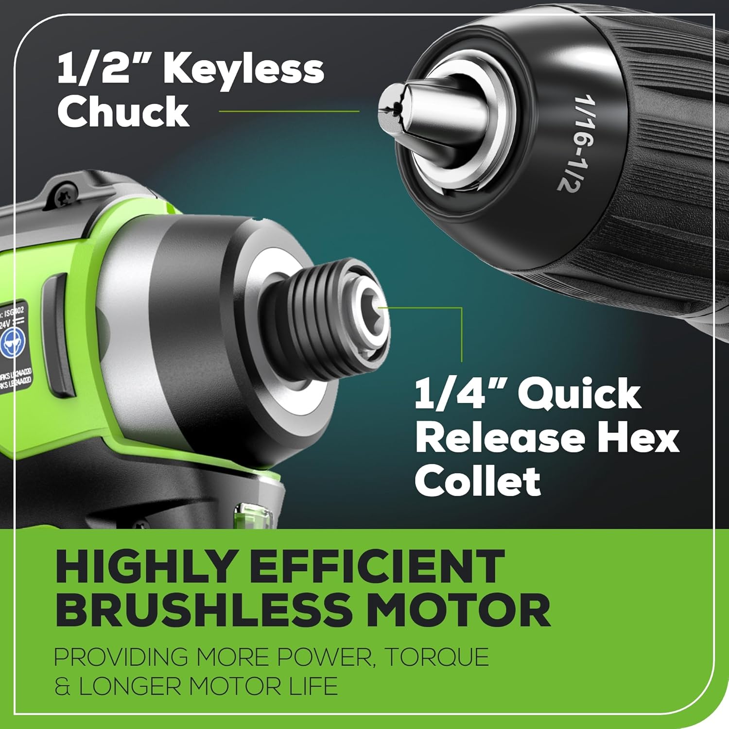 Greenworks 24V Brushless Drill Impact Driver Combo Kit 2 Batteries 5 Greenworks 24V Brushless Drill Impact Driver Combo Kit 2 Batteries - Image 5