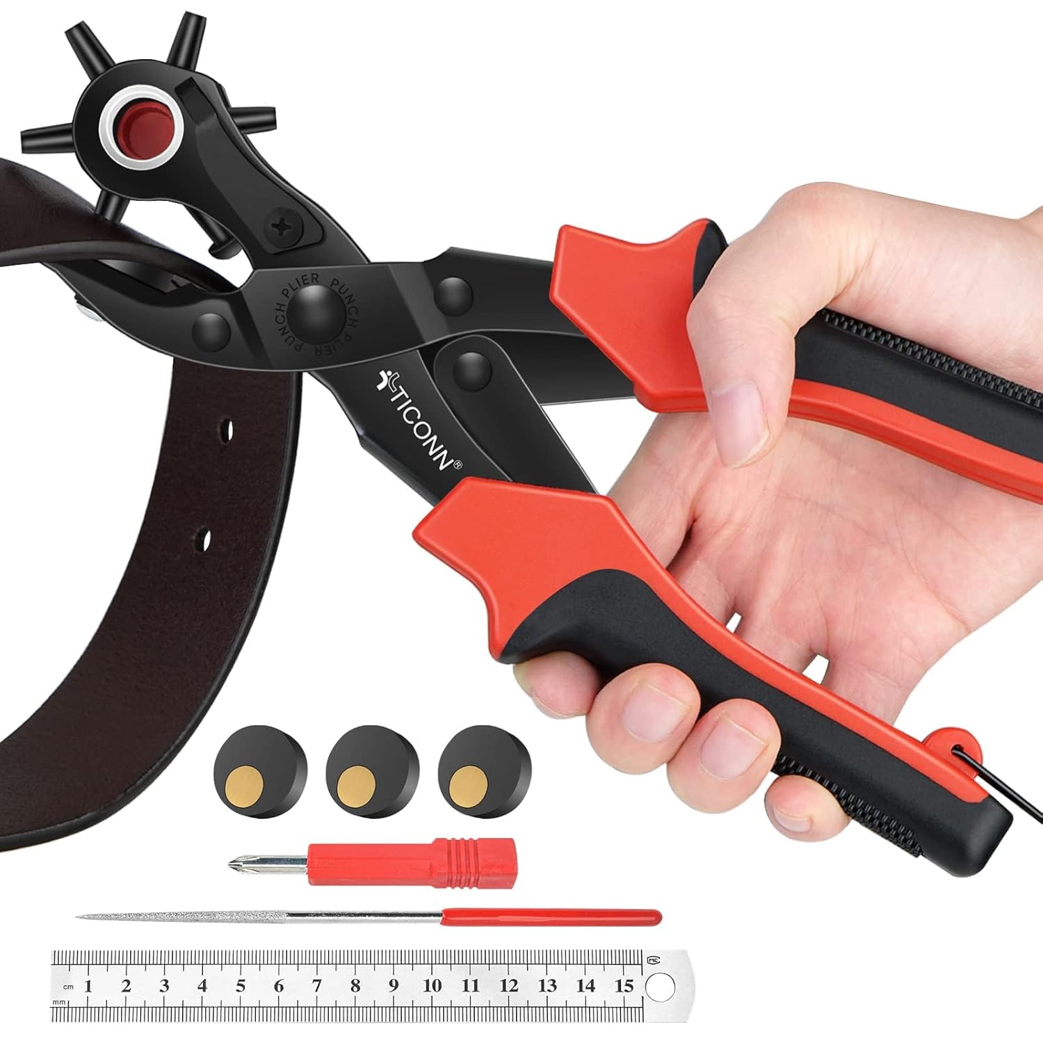 TICONN Heavy Duty Leather Hole Punch Set for Belts and Fabric 1 TICONN Leather Hole Punch Tool Set, Heavy Duty Multi-Size Hole Puncher Tool for Belts, Watch Bands, Plastic, Fabric