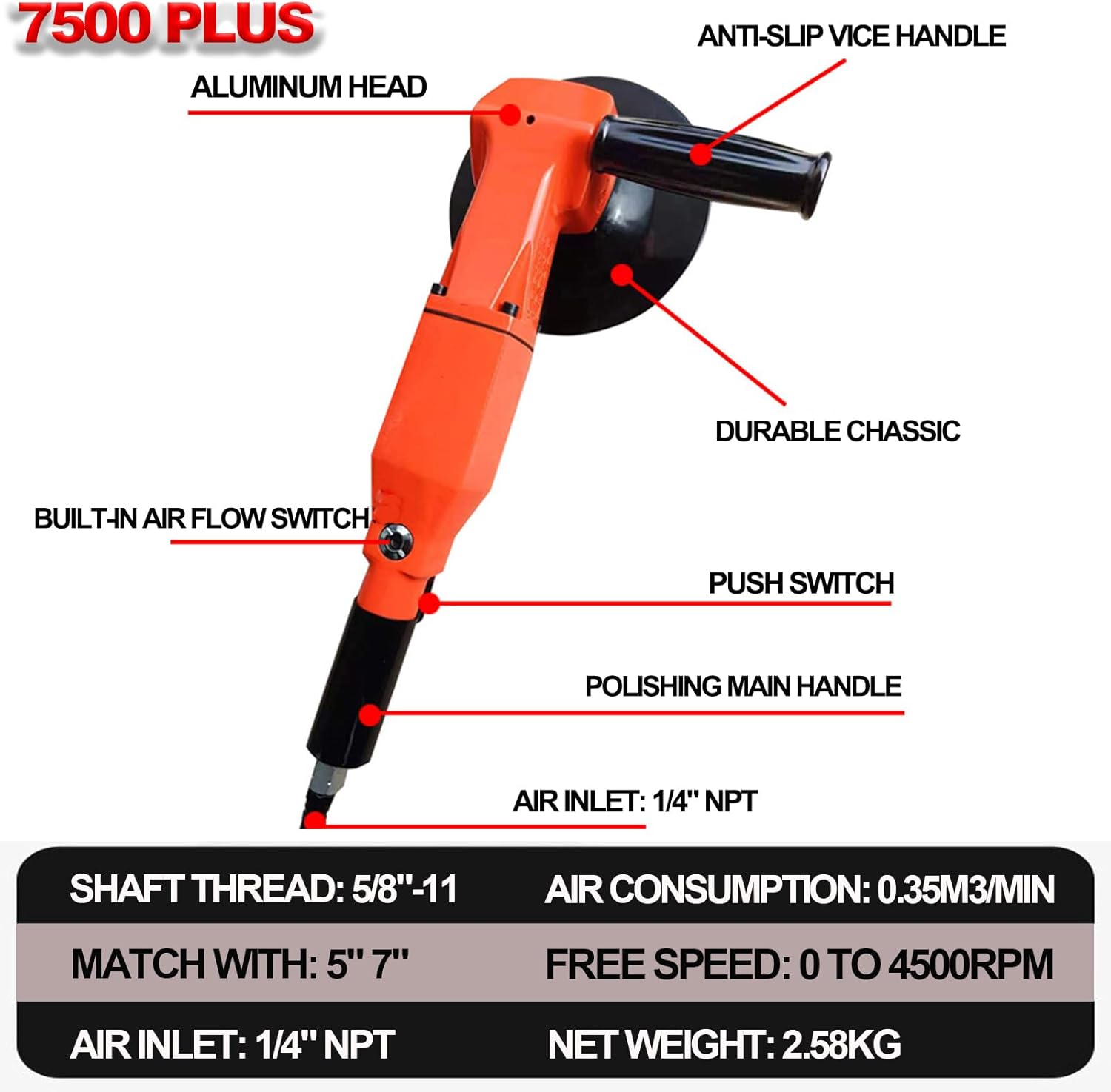 7" Pneumatic Air Sander Polisher 4500RPM Heavy Duty Angle Grinder 2 7" Pneumatic Air Sander Polisher 4500RPM Heavy Duty Angle Grinder - Image 2