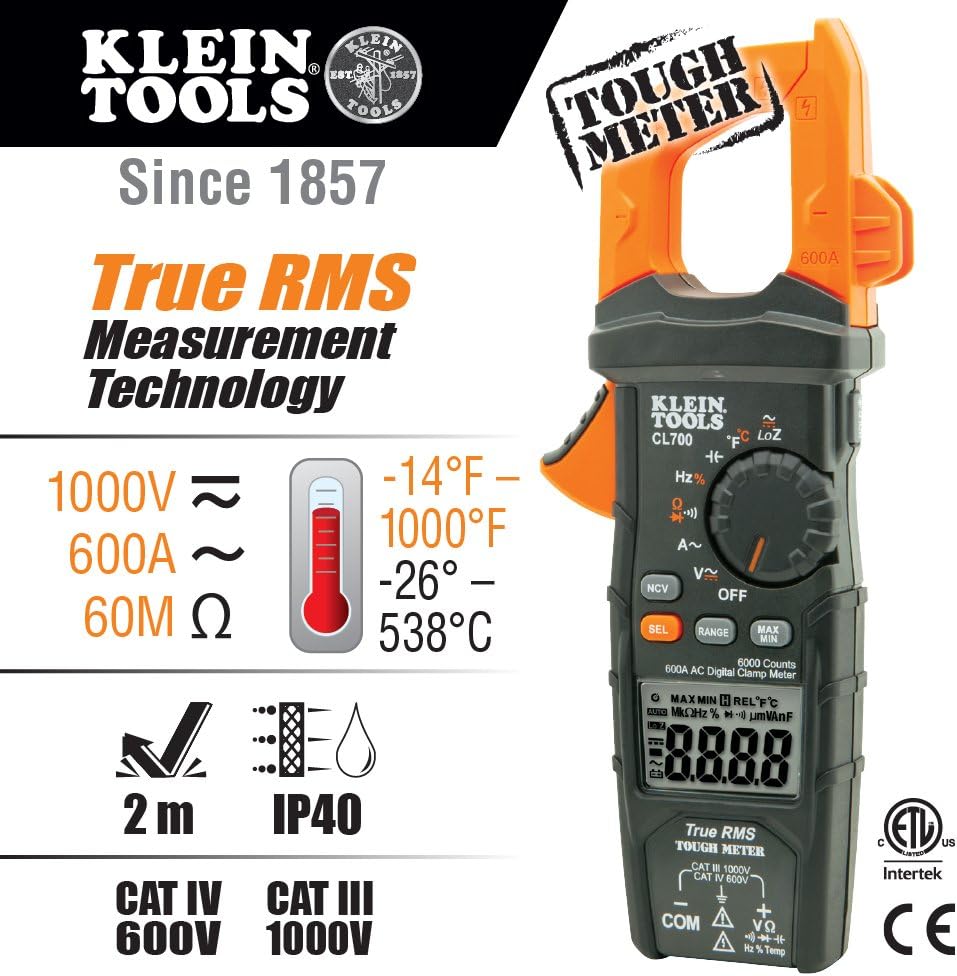 Klein Tools CL700 600A Auto-Ranging TRMS Digital Clamp Meter 1000V 2 Klein Tools CL700 600A Auto-Ranging TRMS Digital Clamp Meter 1000V - Image 2