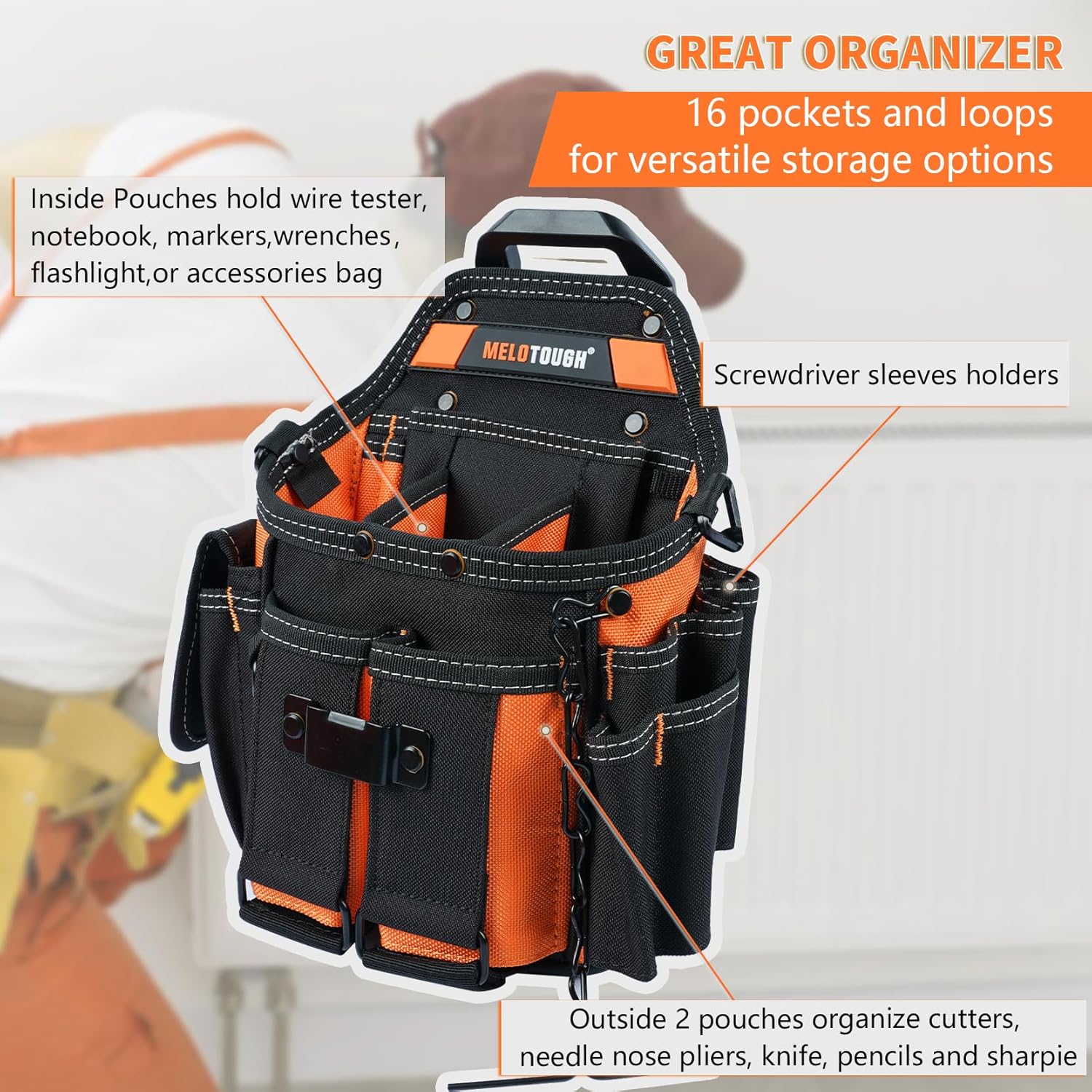 MELOTOUGH 15 Pocket Electrician Tool Pouch with Shoulder Strap 2 MELOTOUGH 15 Pocket Electrician Tool Pouch with Shoulder Strap - Image 2